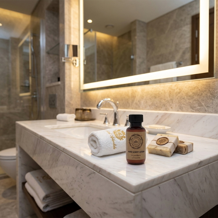 Prodotto da bagno Bube: lozione per il corpo da 35 ml in confezione sostenibile in RPET per hotel, con tappo a vite e formula vegana certificata