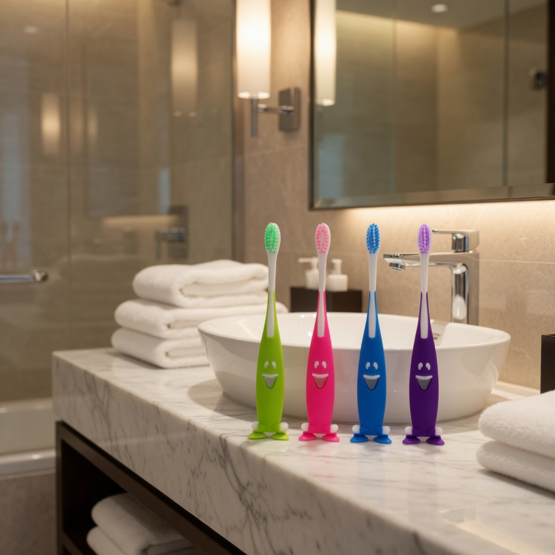 Amenity cepillo dental infantil hotel colores surtidos en flow pack transparente individual, para hoteles y apartamentos turísticos con huéspedes familia desde 5.000 unidades