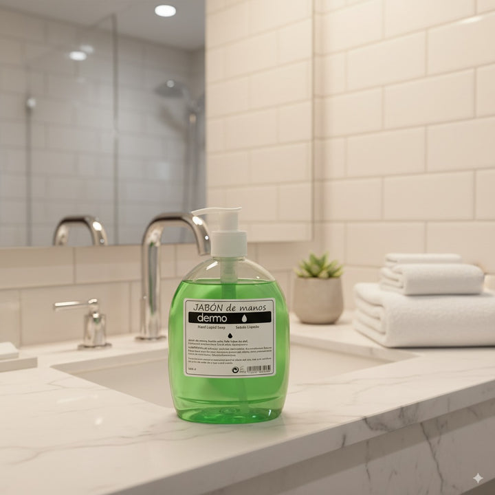 Jabón de hotel en envase dispensador de 400 ml, práctico y elegante para baños y zonas comunes.