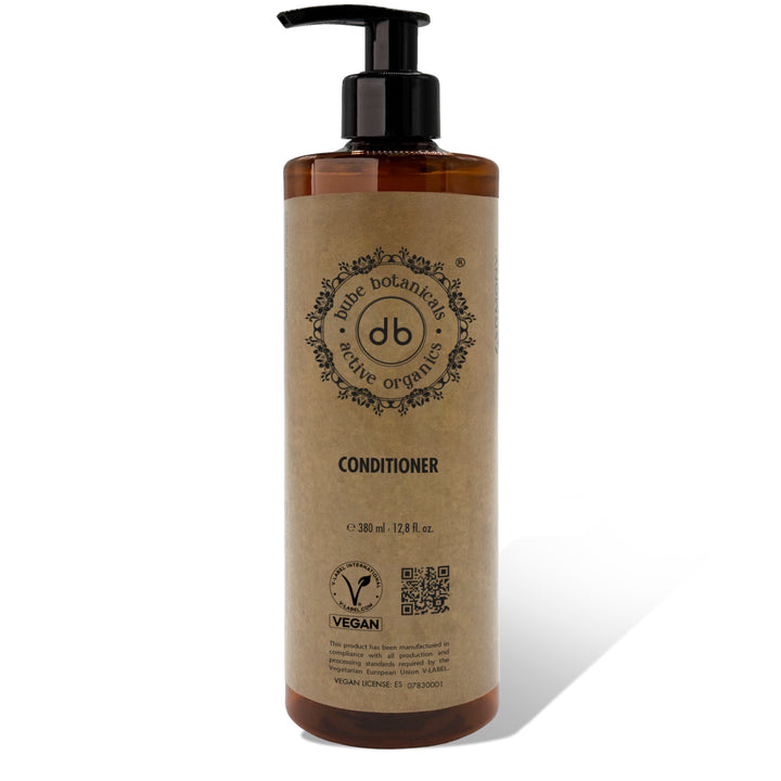 Flacone dosatore per balsamo per capelli Bube da 380 ml in RPET con valvola nera, vegano e prodotto in Spagna — cod. 2700