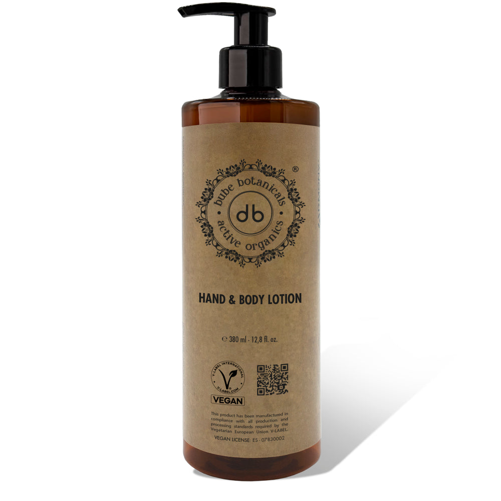 Flacone dosatore per lozione mani e corpo Bube da 380 ml in materiale RPET con valvola nera, vegano e prodotto in Spagna — cod. 2701