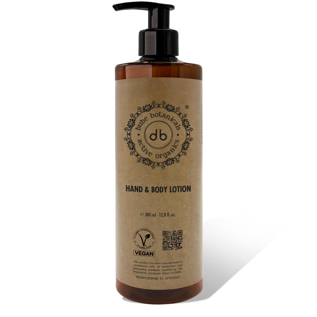 Flacone dosatore per lozione mani e corpo Bube da 380 ml in materiale RPET con valvola nera, vegano e prodotto in Spagna — cod. 2701