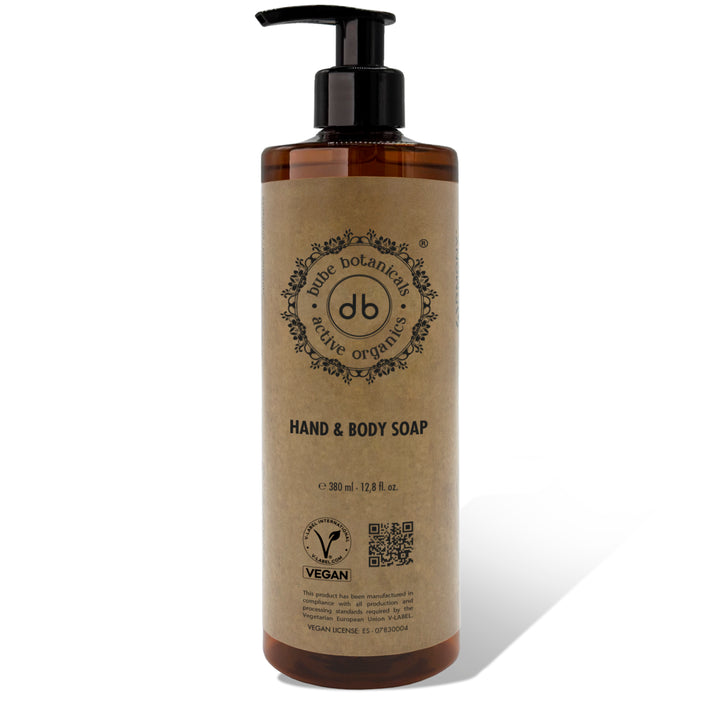 Flacone dosatore per sapone per mani e corpo Bube da 380 ml in materiale RPET con valvola nera, vegano e prodotto in Spagna — cod. 2702