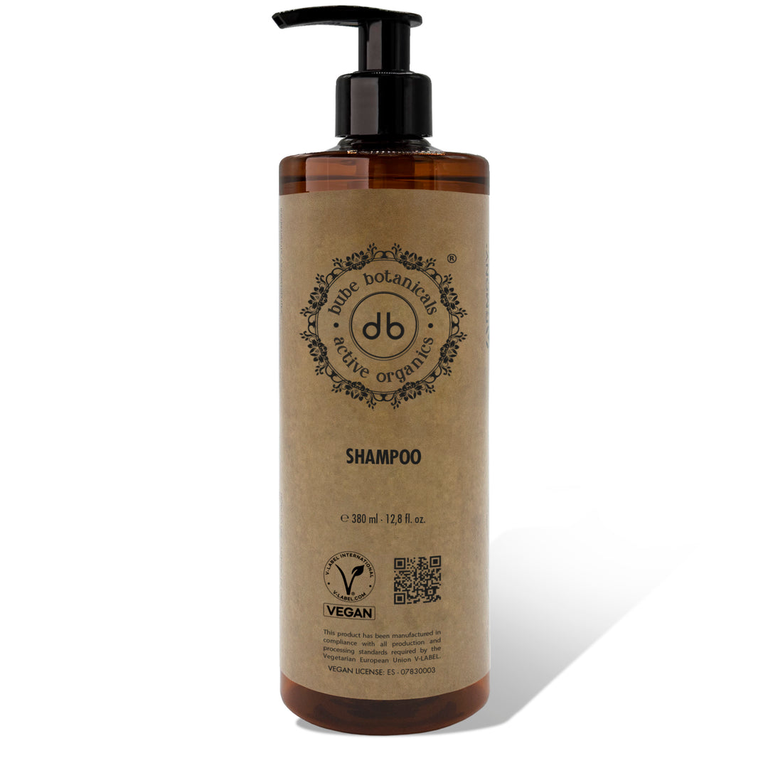 Flacone dosatore per shampoo Bube da 380 ml in RPET con valvola nera, vegano e prodotto in Spagna — cod. 2699