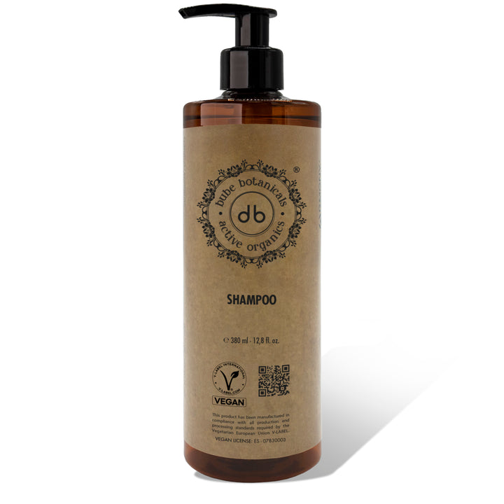 Flacone dosatore per shampoo Bube da 380 ml in RPET con valvola nera, vegano e prodotto in Spagna — cod. 2699