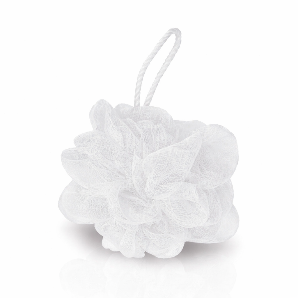 Esponja de baño flor malla peeling blanco 25g con asa poliéster, esponjas de baño al por mayor