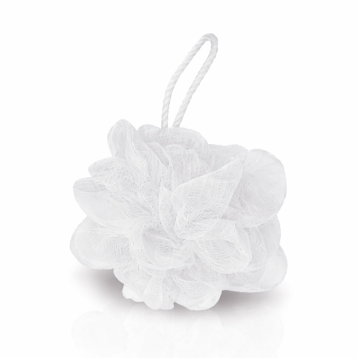 Esponja de baño flor malla peeling blanco 25g con asa poliéster, esponjas de baño al por mayor