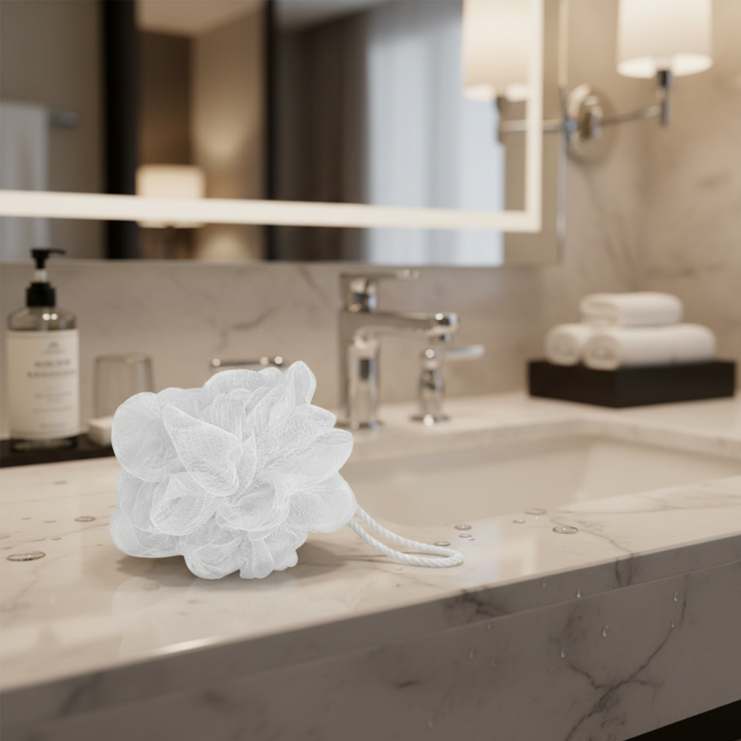 Esponja flor blanca colgada en ducha con asa de cuerda, esponjas para baños al por mayor hoteles y distribuidores