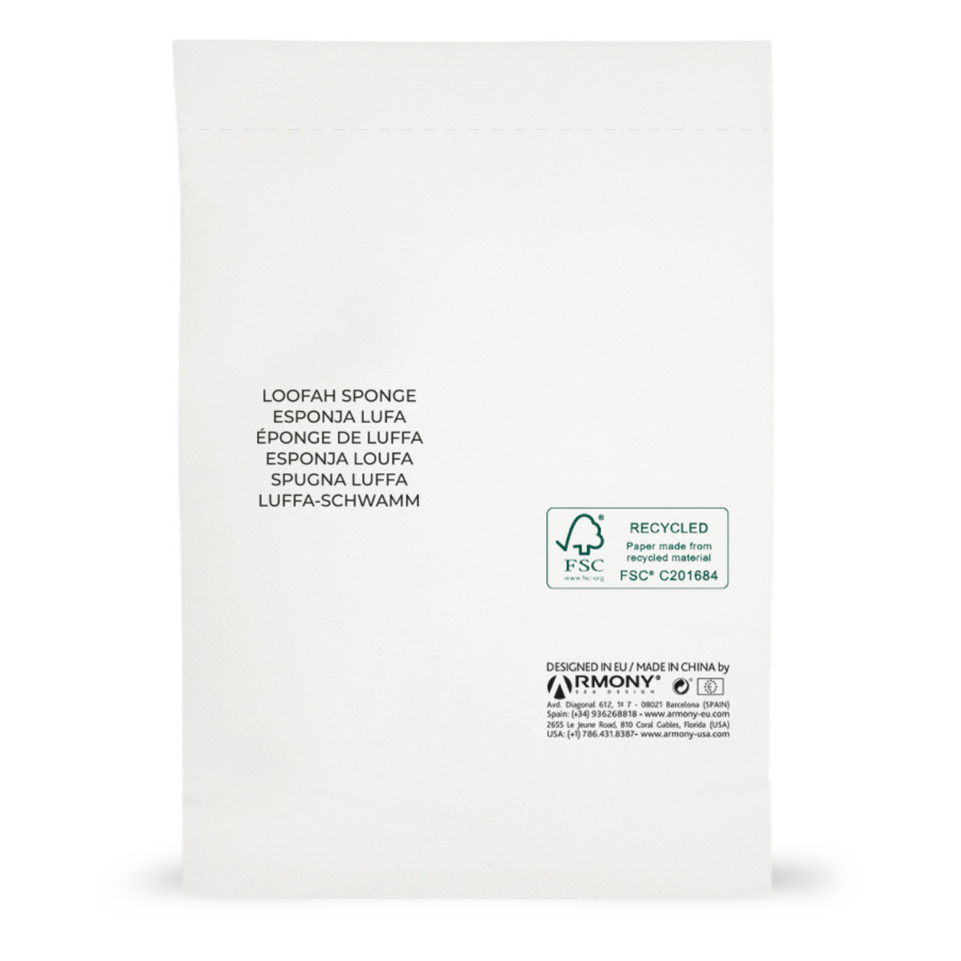 Esponja lufa de hotel Lule con alas de agarre en bolsa de papel piedra abre-fácil sin plástico, formato mayorista caja de 500 unidades