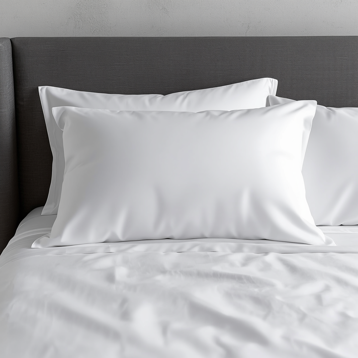 White 144-thread-count comfort hotel pillowcase made from a 50% cotton, 50% polyester blend, with openings on both sides, for hotels and tourist accommodations