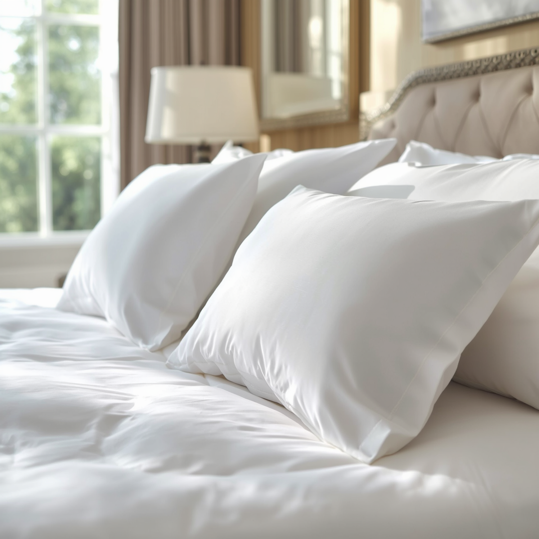 White Comfort Hotel Pillowcase, 144-thread-count cotton-polyester blend, with a double side opening for quick changes by housekeeping staff in hotels and tourist accommodations (wholesale)