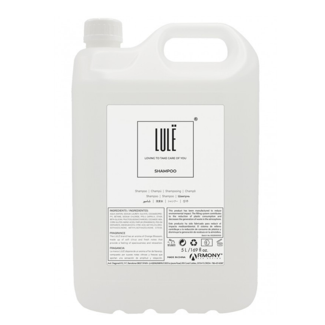 Garrafa de recarga de champú para cabello Lule de 5 litros con válvula dosificadora, ventana lateral de nivel, precinto de seguridad y etiqueta en 11 idiomas