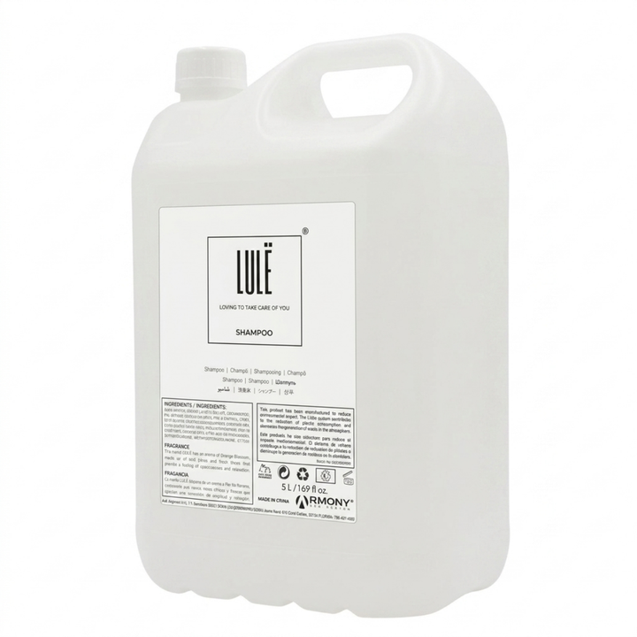 Garrafa de recarga de champú para cabello Lule de 5 litros con válvula dosificadora, ventana lateral de nivel, precinto de seguridad y etiqueta en 11 idiomas