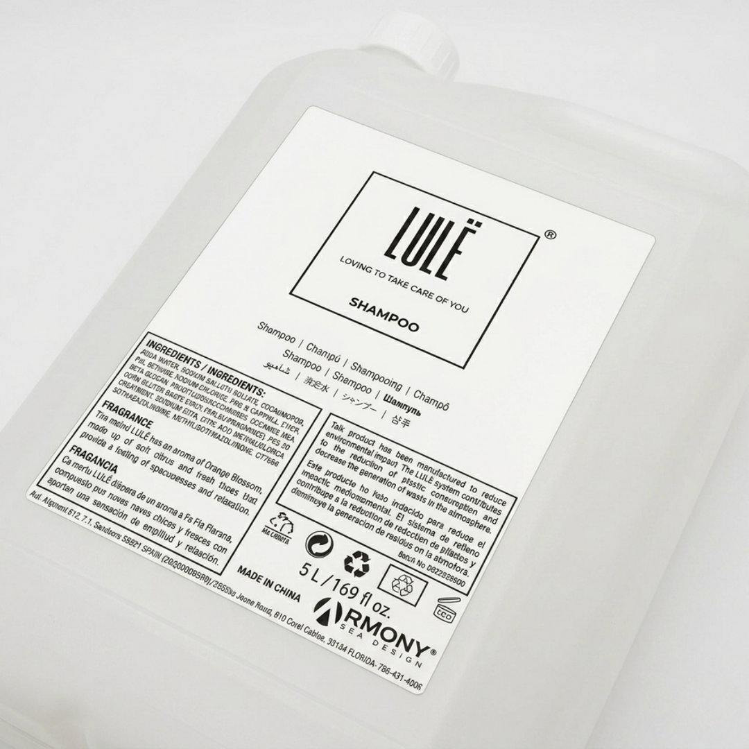 Garrafa Lule 5 L de champú capilar para recarga de dosificadores de hotel, con válvula incluida, ventana de control de nivel y transcripción en 11 idiomas