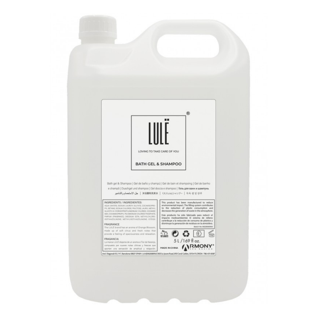 Garrafa de recarga de gel de baño y champú Lule de 5 litros con válvula dosificadora, ventana lateral de nivel, precinto de seguridad y etiqueta en 11 idiomas