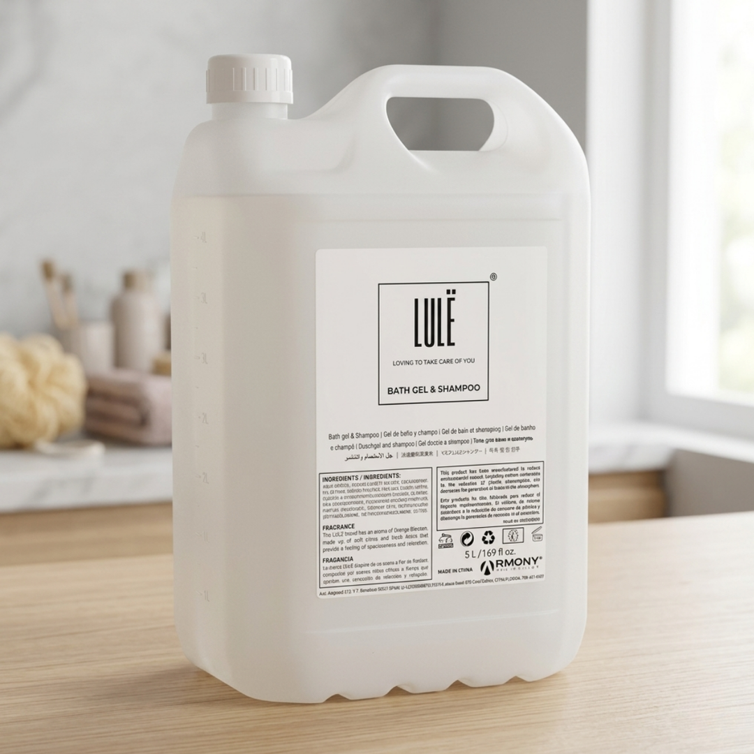 Garrafa Lule 5 L de gel y champú 2 en 1 para recarga de dosificadores de hotel, con válvula incluida, ventana de control de nivel y transcripción en 11 idiomas