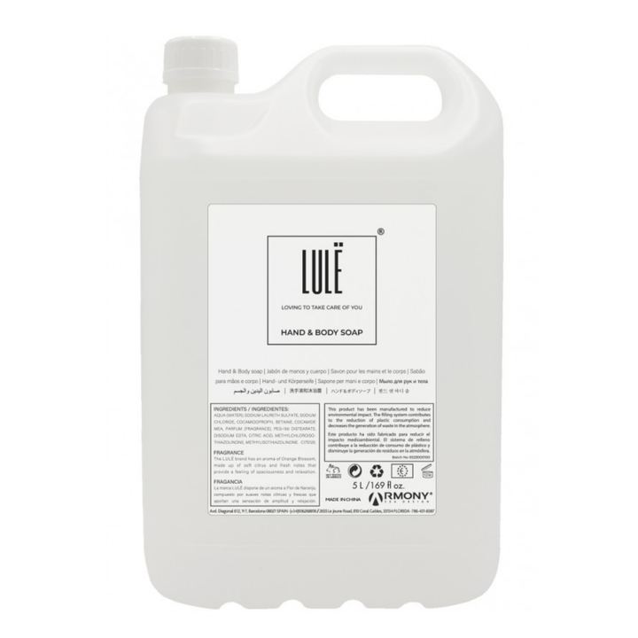 Garrafa de recarga de jabón de manos y cuerpo Lule de 5 litros con válvula dosificadora, ventana lateral de nivel, precinto de seguridad y etiqueta en 11 idiomas
