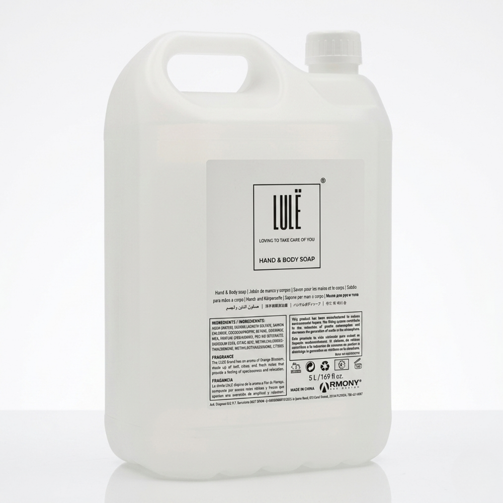 Recarga de jabón de manos y cuerpo Lule 5 litros con precinto de seguridad, válvula dosificadora y ventana lateral, para hoteles y establecimientos HORECA