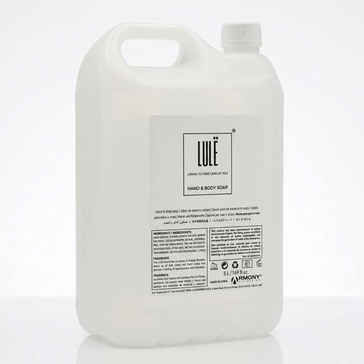 Recarga de jabón de manos y cuerpo Lule 5 litros con precinto de seguridad, válvula dosificadora y ventana lateral, para hoteles y establecimientos HORECA