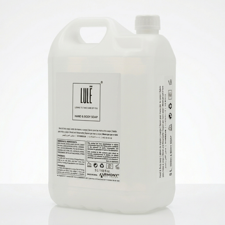 Garrafa jabón Lule 5 L para dosificadores de hostelería, con válvula de relleno sin derrames, control visual de nivel y etiqueta multiidioma en 11 lenguas