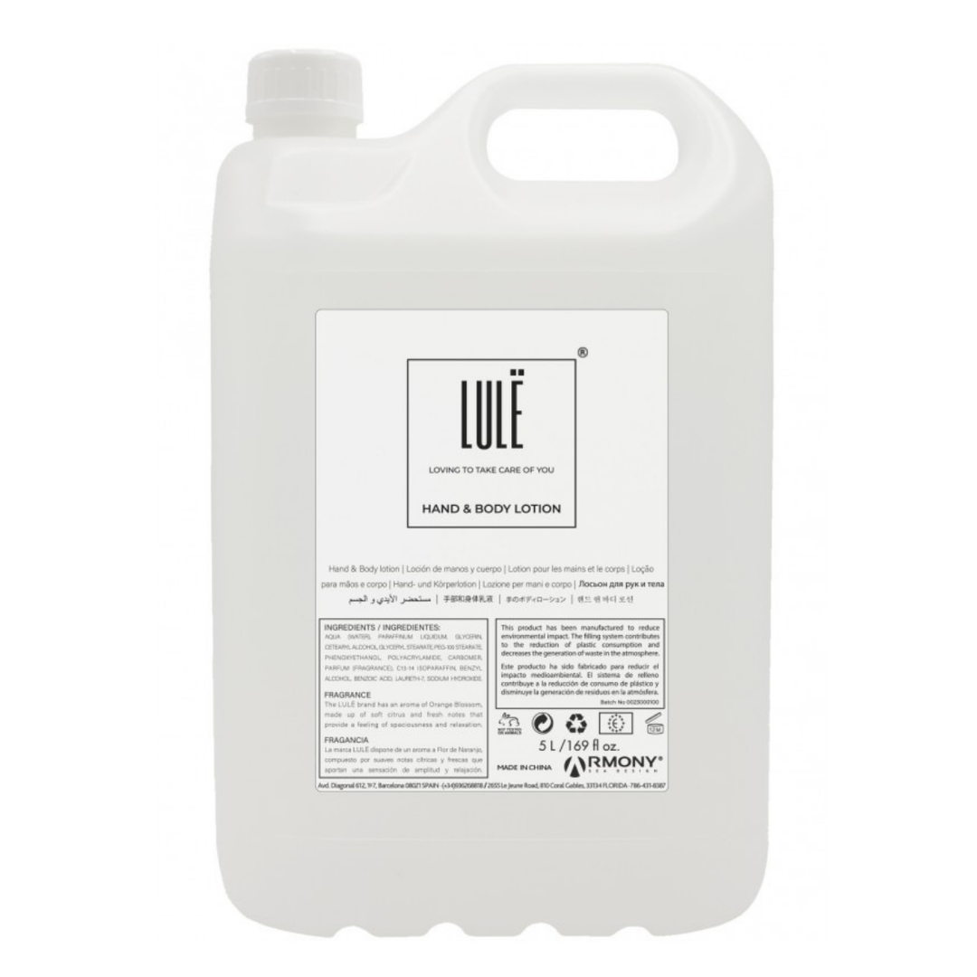 Garrafa de recarga de loción de manos y cuerpo Lule de 5 litros con válvula dosificadora, ventana lateral de nivel, precinto de seguridad y etiqueta en 11 idiomas
