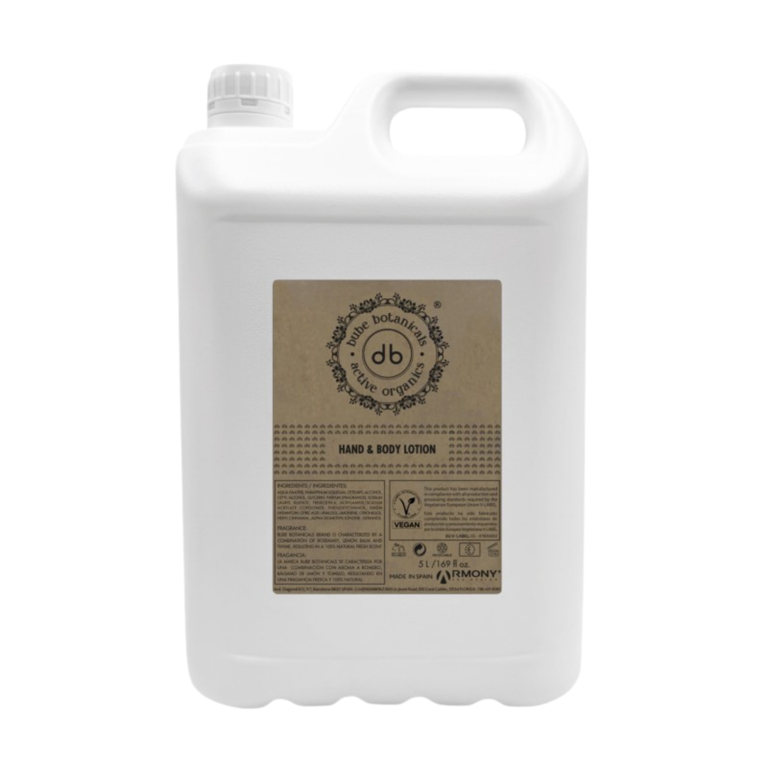 Flacone di ricarica da 5 litri per lozione mani e corpo Bube, certificato vegano e prodotto in Spagna, per flaconi dosatori da hotel
