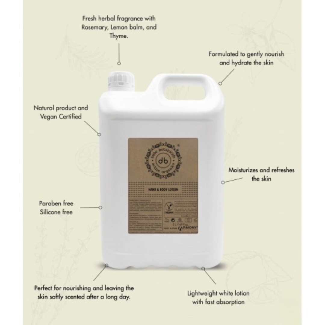 Ricarica di lozione per mani e corpo Bube in flacone da 5 litri, vegana e prodotta in Spagna, compatibile con i dispenser da parete per hotel e il settore HORECA