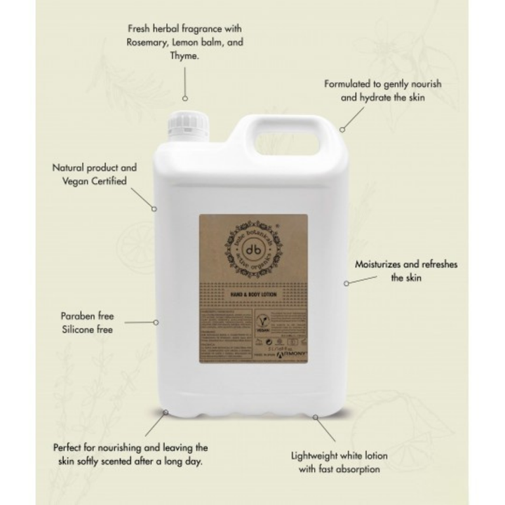 Ricarica di lozione per mani e corpo Bube in flacone da 5 litri, vegana e prodotta in Spagna, compatibile con i dispenser da parete per hotel e il settore HORECA