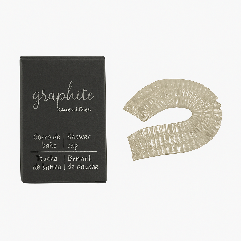 Gorro de ducha Black en caja de cartón negro para hoteles.