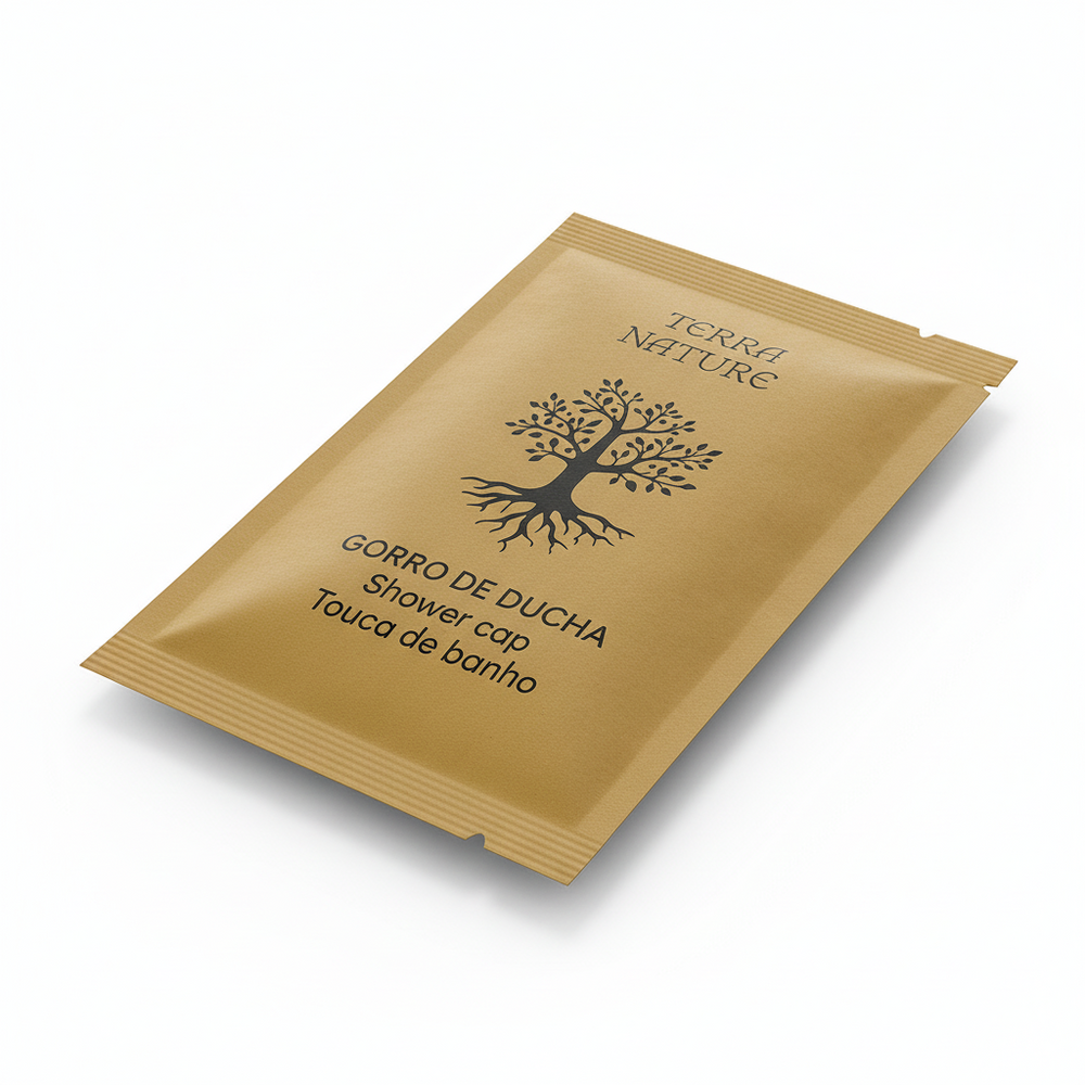 Gorras para ducha y gorros para baño fabricados con papel kraft FSC.