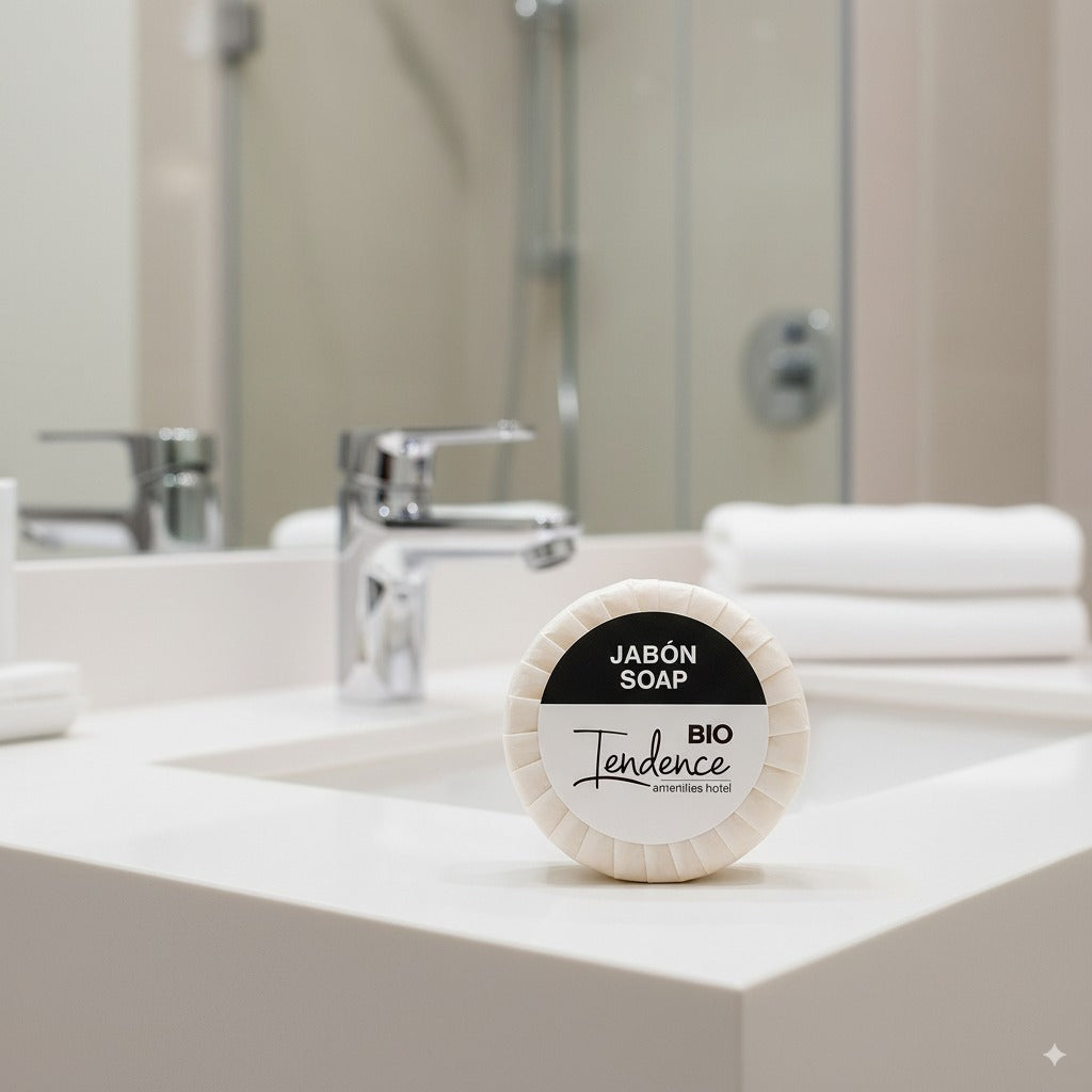 Jabón de hotel ecológico en formato dosificador de 15 g, ideal para alojamientos.