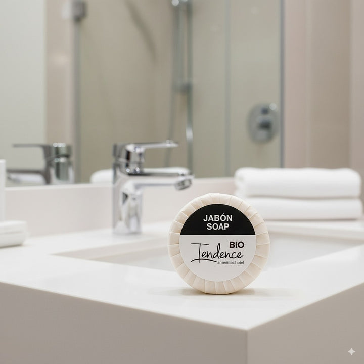 Jabón de hotel ecológico en formato dosificador de 15 g, ideal para alojamientos.