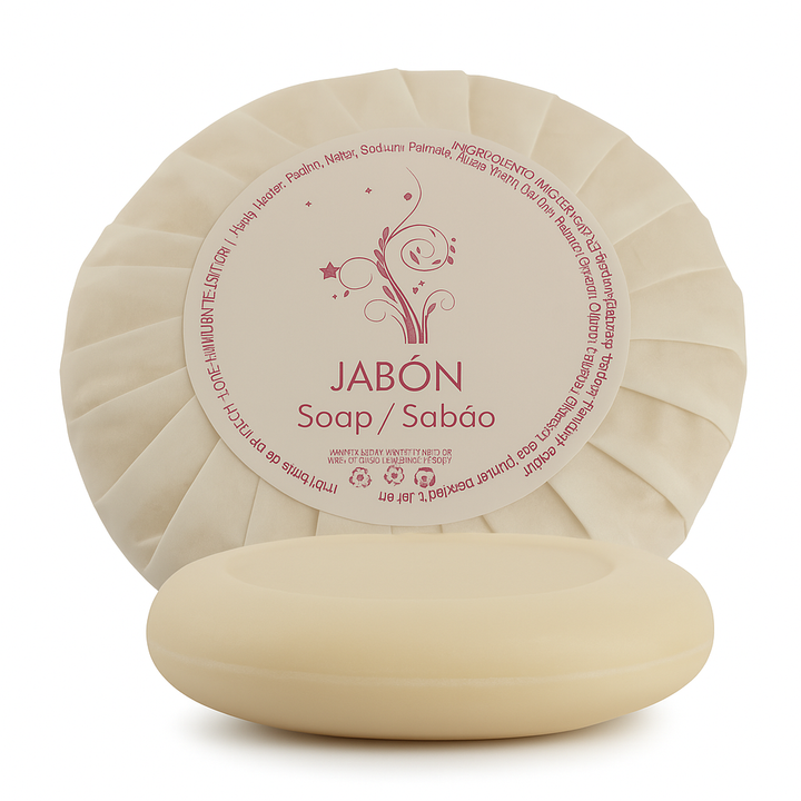 Jabón pequeño para hotel en envoltorio plisado