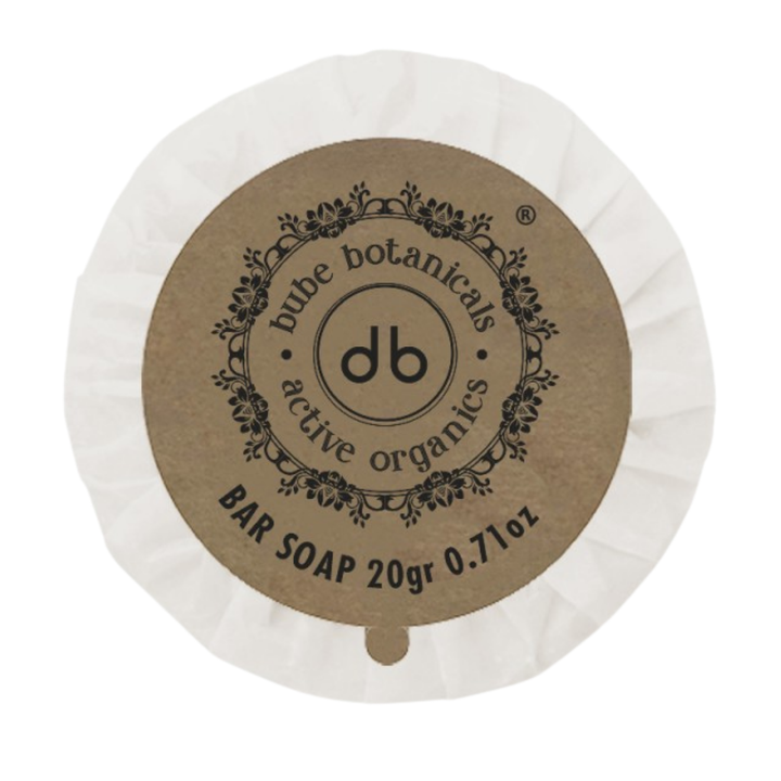Pastilla de jabón sólido Plissé Bube de 20 gr troquelada y envuelta en papel de seda, con certificación vegana y fabricación española