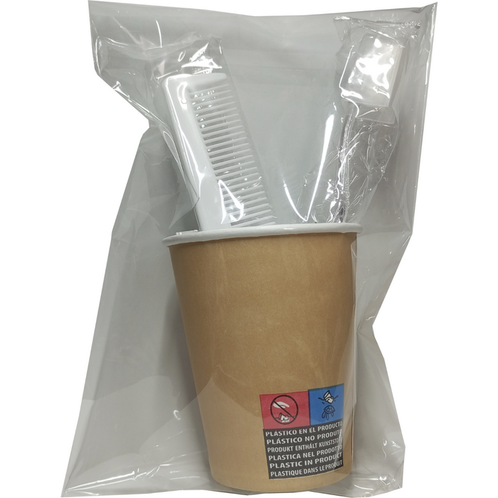 Kit Bienvenida Hotel II con gel, champú, jabón y set dental en bolsa transparente