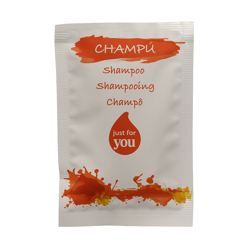 Sachet champú hotel x 10 ml en sobre monodosis, ideal para hoteles y alojamientos turísticos.