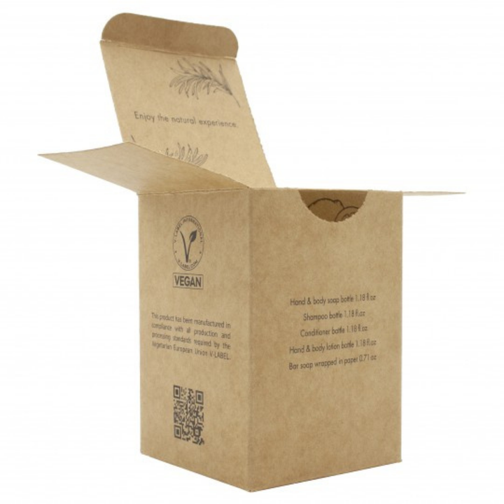 Set di prodotti da bagno Bube da 5 pezzi per il settore alberghiero: quattro flaconcini sostenibili in RPET e sapone in carta velina fustellata, vegano e prodotto in Spagna