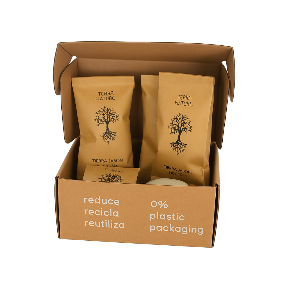 Kit Terra Nature Kraft 100% Reciclado con gel, champú, loción y set dental para hoteles