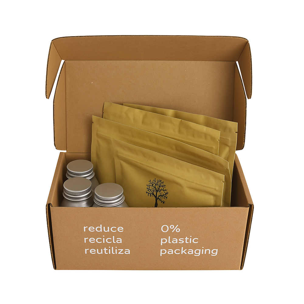 Kits de bienvenida sostenibles para apartamentos turísticos en caja kraft reciclada