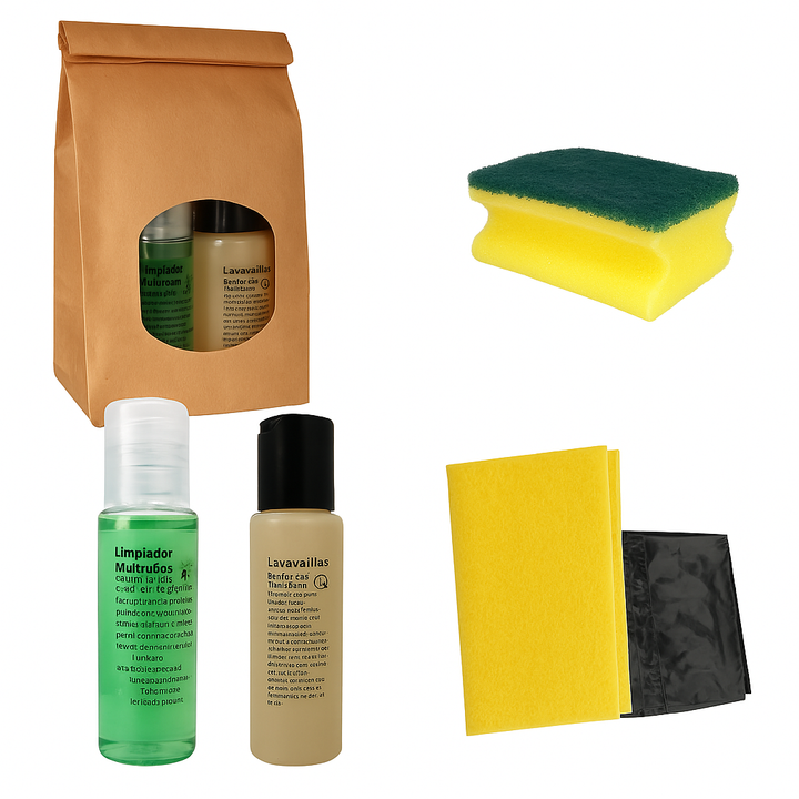 Kit de limpieza para hoteles con productos esenciales en bolsa kraft
