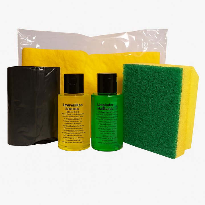 Kit de limpieza para hoteles con botellas de 60 ml en bolsa plástica transparente