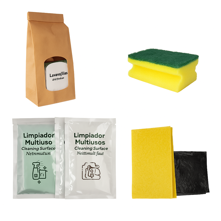 Kit de Limpieza Sobres 15 ml Bolsa Kraft con lavavajillas, multiusos y accesorios de limpieza