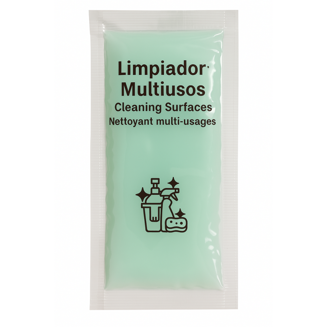 Productos de limpieza para hoteles en bolsa kraft con estropajo y bayeta