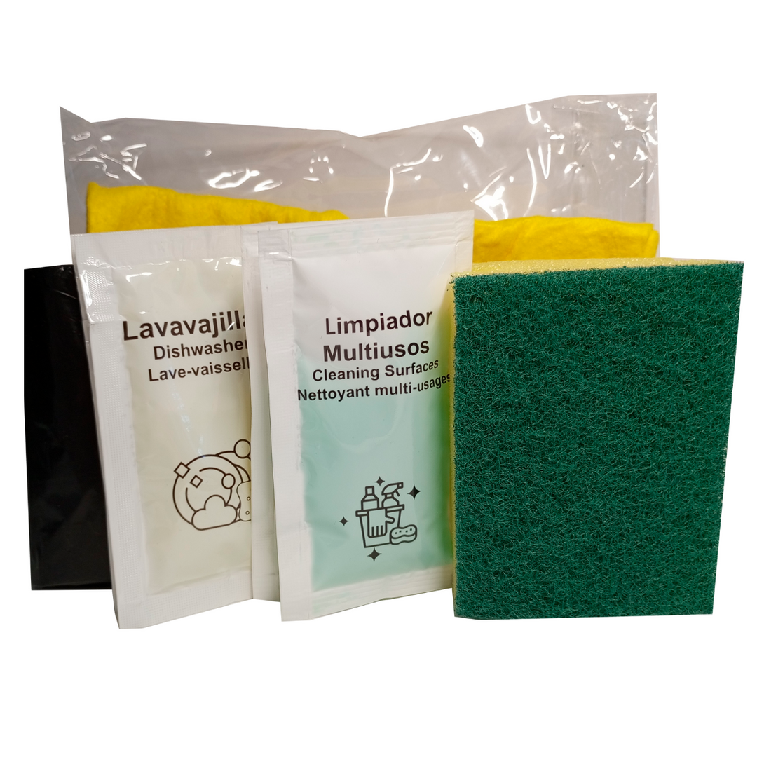 Kit de limpieza para hoteles con sobres de lavavajillas y multiusos en bolsa plástica