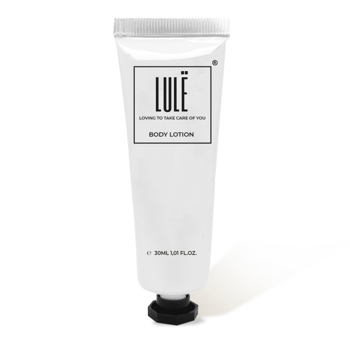 30 ml tube of Lule moisturizing hand and body lotion, made of aluminum with a screw cap and tamper-evident seal; a premium amenity for hotels and the hospitality industry