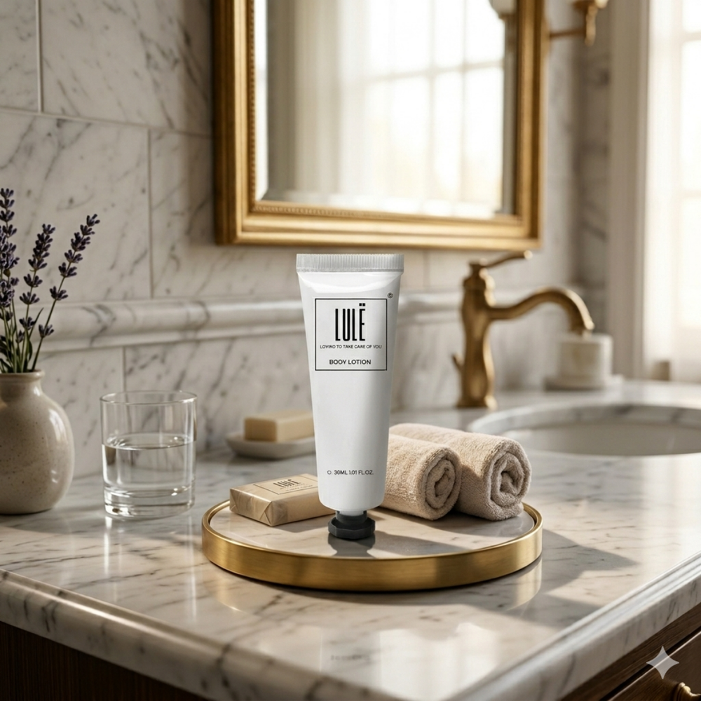 Lule body lotion in a 30-ml aluminum tube with a screw cap and tamper-evident seal, for hotel rooms and HORECA establishments
