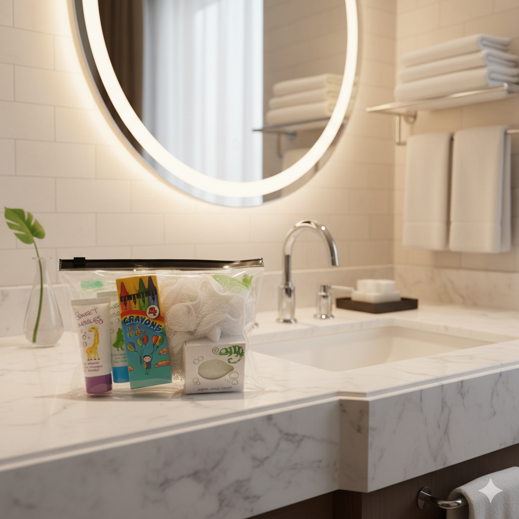 Neceser de aseo infantil para hoteles en neceser transparente con esponja y ceras