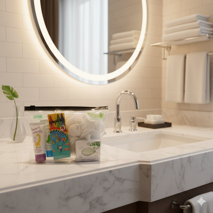 Trousse de toilette pour enfants dans les hôtels en trousse de toilette transparente avec éponge et cires