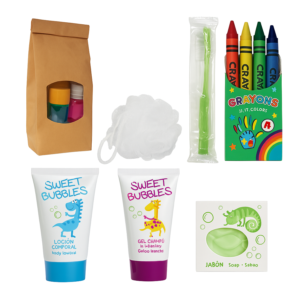 Neceser Infantil con Esponja Bolsa Kraft completo con gel, loción y jabón