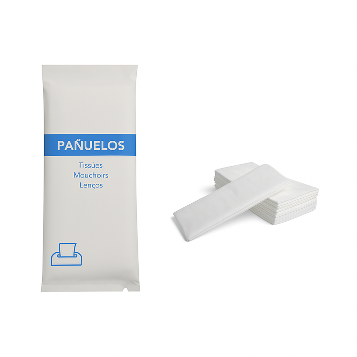 Pañuelos descartables al por mayor envasados en papel piedra ecológico.